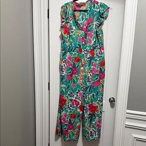 BloomChic Vibrant Floral Jumpsuit with Pink and Green